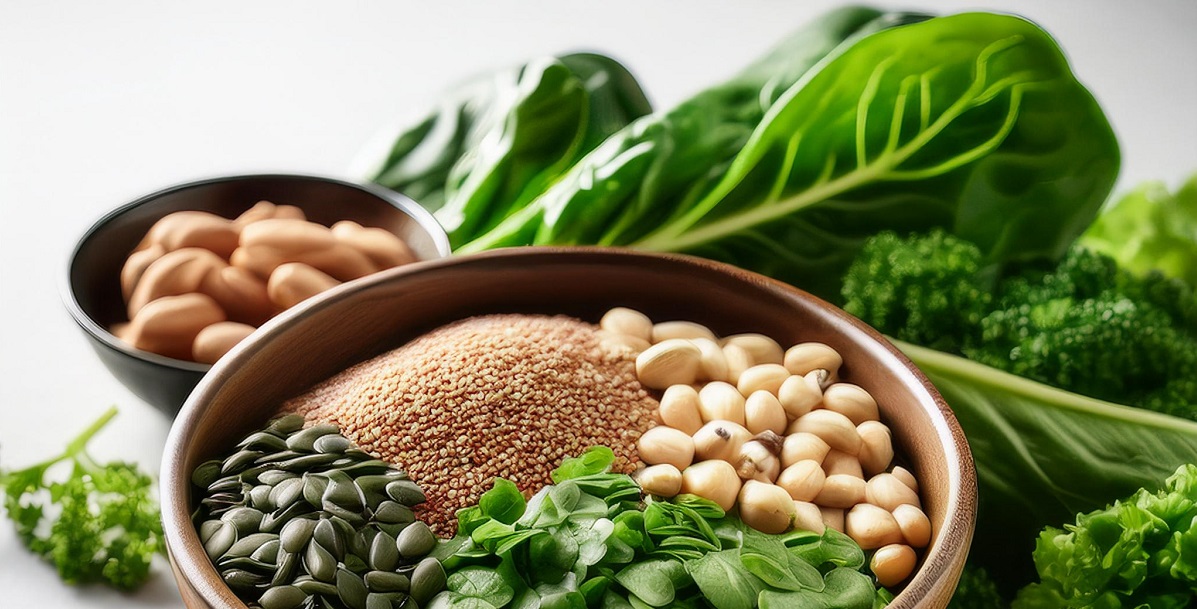 Leafy greens and nuts in a bowl