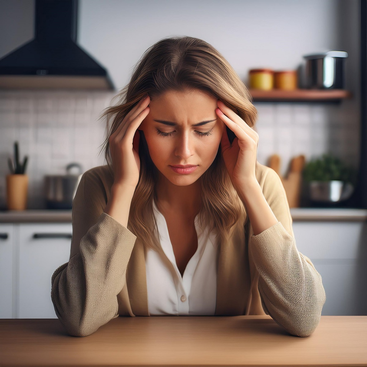 woman with a headache sitting at a table in her kitchen and rubbing her head