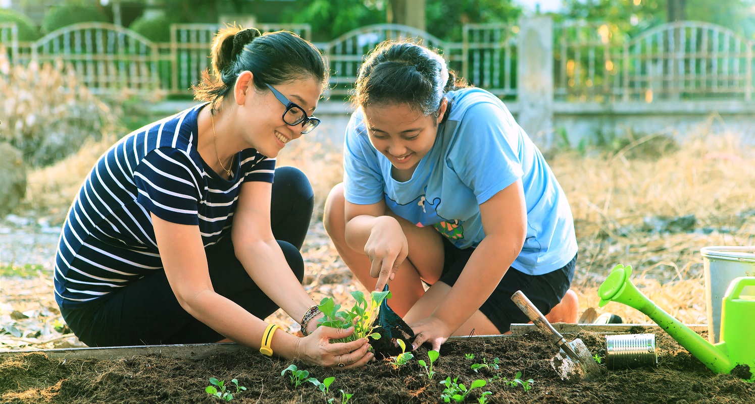 Two people growing vegetables